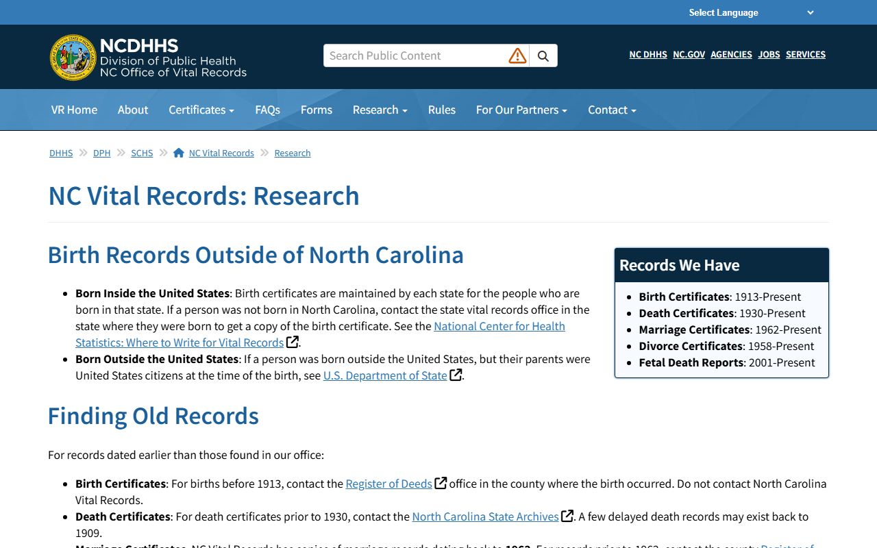 Vance County clerk records NC Vital Records fees for non-court certificates