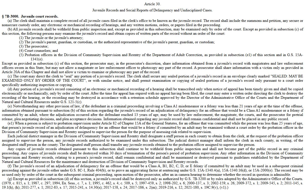 Vance County clerk records juvenile delinquency confidentiality statute