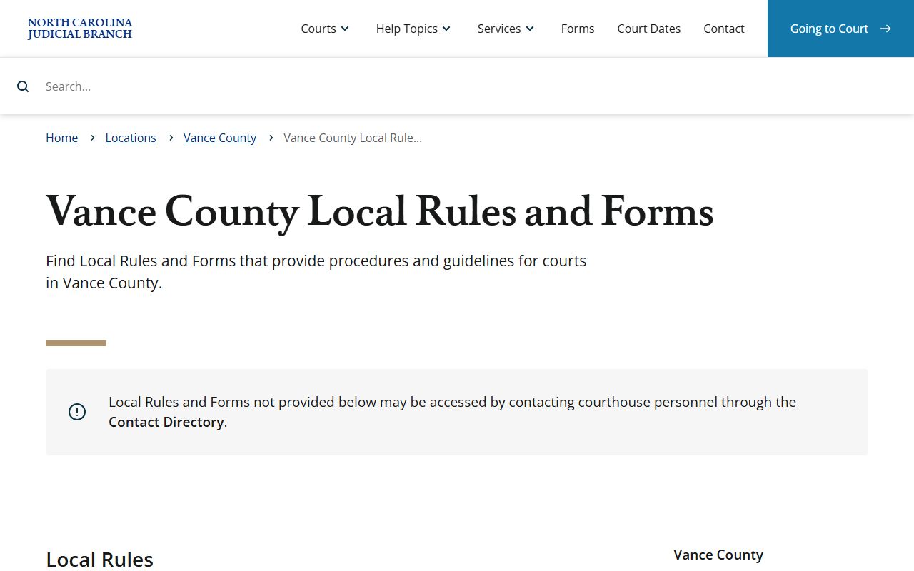 Vance County court dockets local rules and forms page