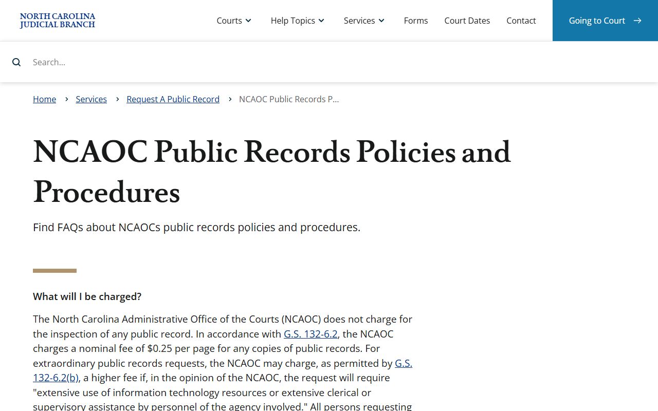 Vance County court records NCAOC public records request policy and copy limits