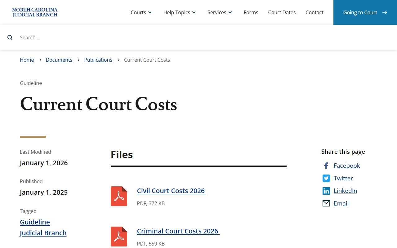 Vance County court records current statewide court costs publication