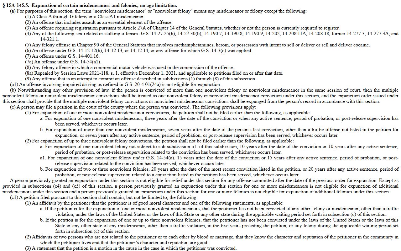 Vance County criminal court records North Carolina expunction eligibility statute