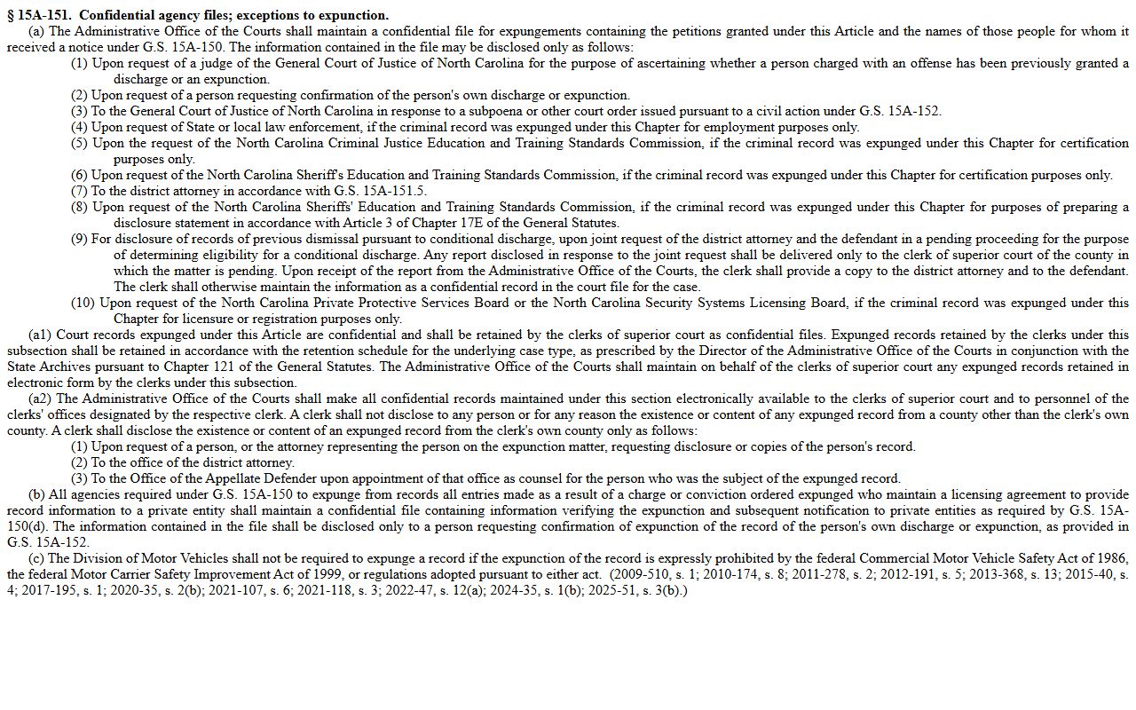Vance County criminal court records North Carolina expunction confidentiality statute