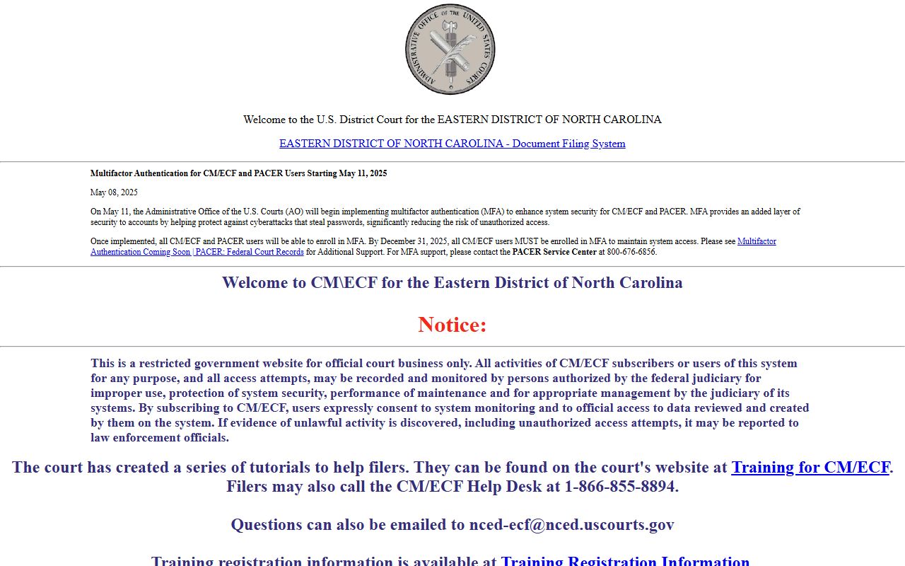 Vance County District Court records EDNC CM ECF login page