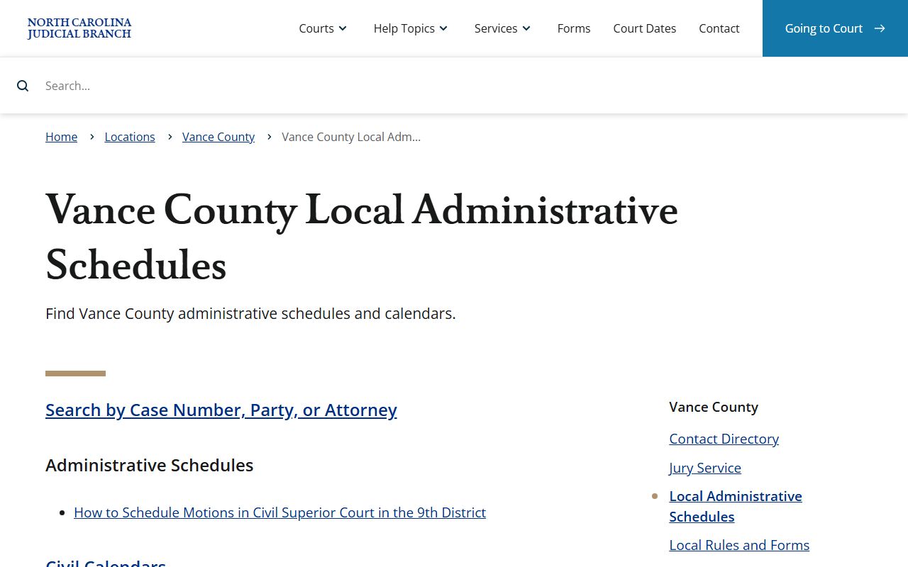 Vance County court dockets local administrative schedules
