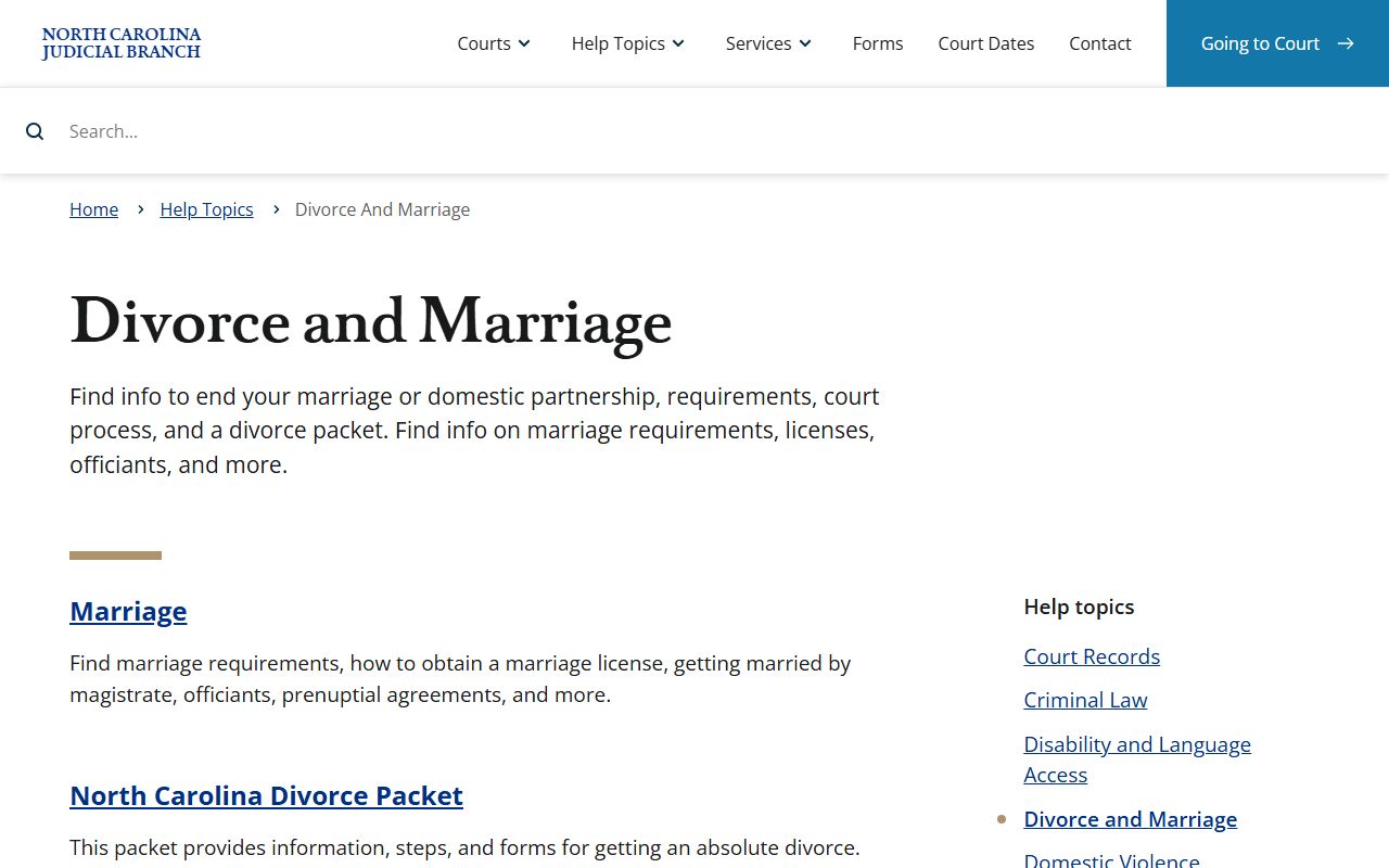 Vance County marriage and divorce records help topic from North Carolina courts