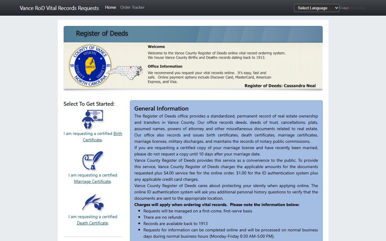 Vance County marriage records Register of Deeds vital records request portal