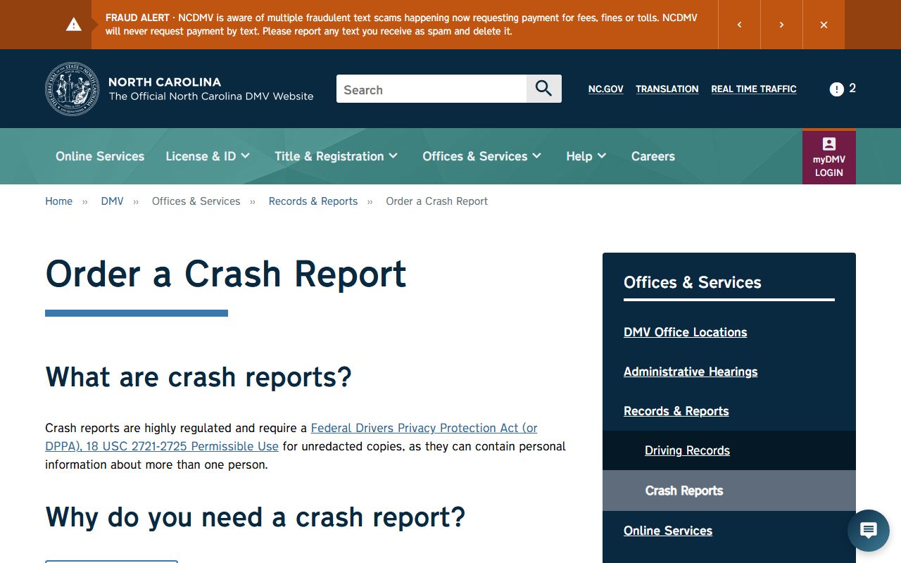 Vance County traffic court records NCDMV crash report request page