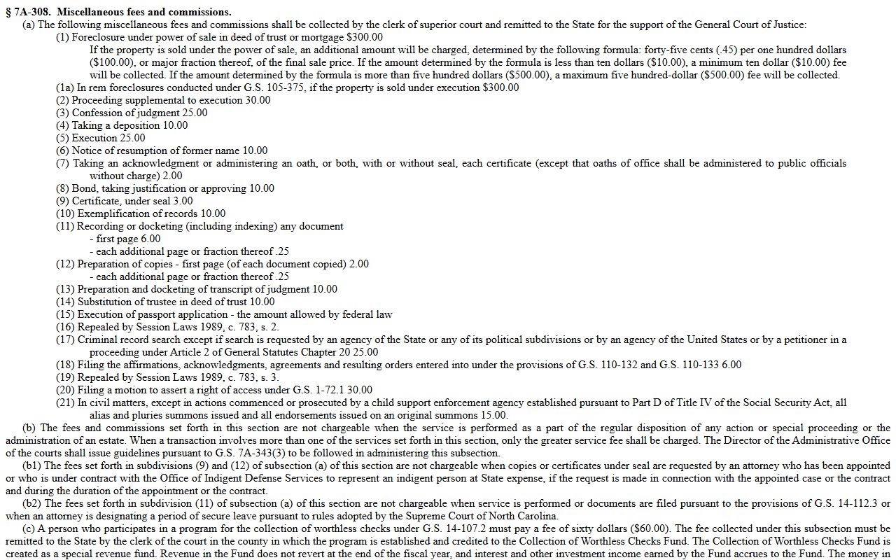 Vance County warrant records North Carolina clerk fee statute